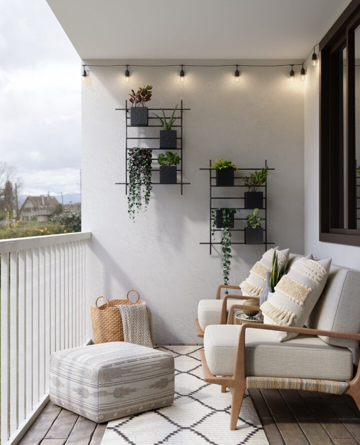 Duvara monte bitki rafları ve şık oturma grubu ile modern Balkon Dekorasyonu